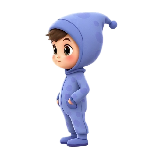 a small boy in pajamas with a long nightcap, standing in profile view, with big round eyes and a cute expression. the pajamas are blue-purple patterned, matching the cap with a little pom-pom at the end. the boy wears cozy slippers. soft lighting on a neu