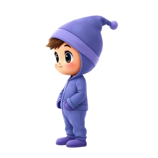 a small boy in pajamas with a long nightcap, standing in profile view, with big round eyes and a cute expression. the pajamas are blue-purple patterned, matching the cap with a little pom-pom at the end. the boy wears cozy slippers. soft lighting on a neu