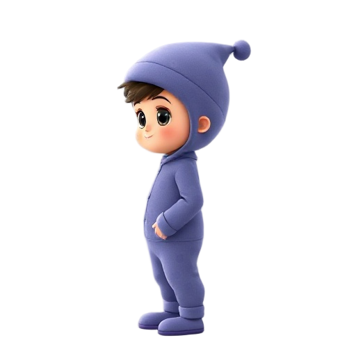 a small boy in pajamas with a long nightcap, standing in profile view, with big round eyes and a cute expression. the pajamas are blue-purple patterned, matching the cap with a little pom-pom at the end. the boy wears cozy slippers. soft lighting on a neu