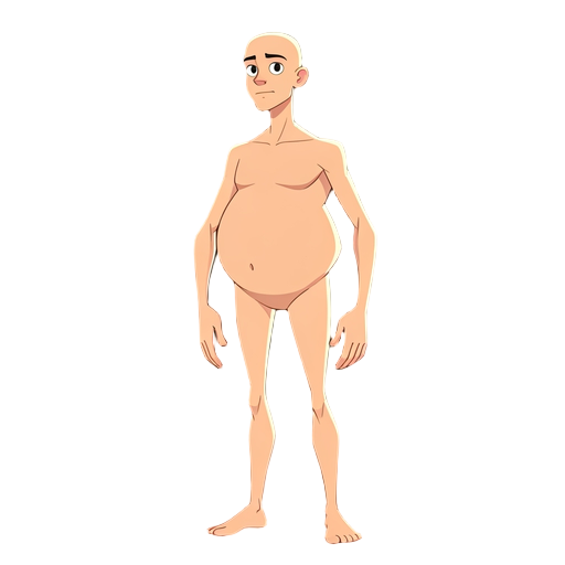 2d cartoon male body base, lanky, slightly pot-bellied, neutral awkward pose, clean defined black outlines, hero zero comic art style, full body shot, transparent background