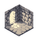 stone room, with broken brick with a ray of light come through the hole