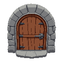 a wooden door, with some metal details, with a stone arc framework