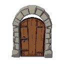 a wooden door, with some metal details, with a stone arc framework