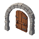 a wooden door, with some metal details, with a stone arc framework