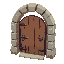 a wooden door, with some metal details, with a stone arc framework
