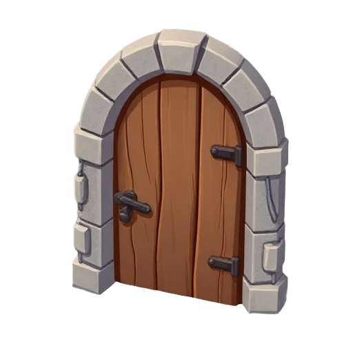 a wooden door, with some metal details, with a stone arc framework