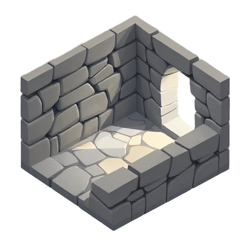 stone room, with broken brick with a ray of light come through the hole