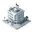 a cyberpunk hospital with flag for city builder simulation game