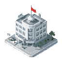 a cyberpunk hospital with flag for city builder simulation game
