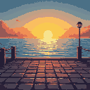 sunset over the ocean. a paved harbor walkway with stone tiles running horizontally across the foreground. gentle waves shimmer in the light.