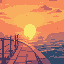 sunset over the ocean with warm orange and pink hues. in the foreground, a paved harbor walkway with stone tiles and a metal railing. gentle waves shimmer under the fading sunlight.