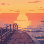 sunset over the ocean with warm orange and pink hues. a paved harbor walkway with stone tiles and a metal railing runs horizontally across the foreground. gentle waves shimmer in the light.