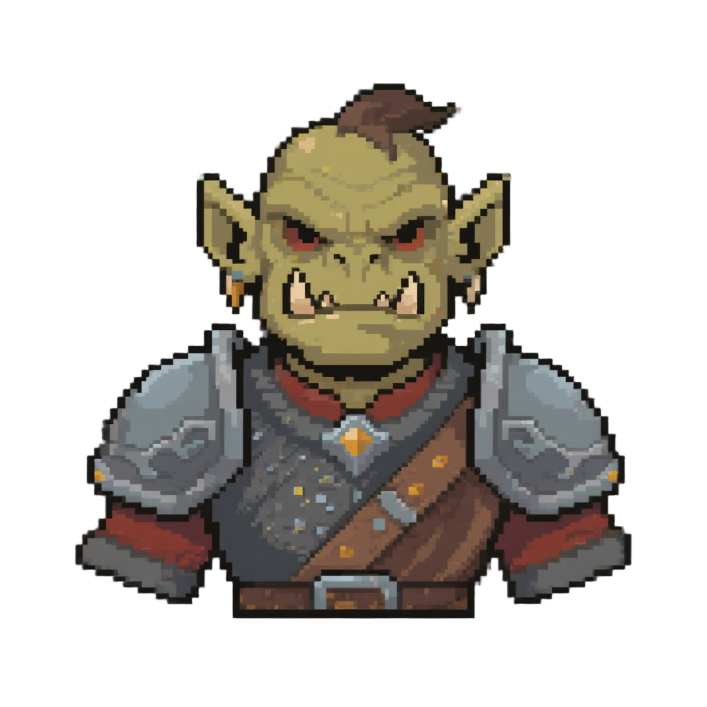 a pixel ork in high fantasy medieval attire from the chest up designed to feed dialogue to the player of the game.
