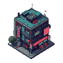 create a cyberpunk pixel art building with some scaffolding and japanese neon signs, urban jungle and some pipes 
