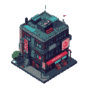 create a cyberpunk pixel art building with some scaffolding and japanese neon signs, urban jungle and some pipes 