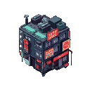 create a cyberpunk pixel art building with some scaffolding and japanese neon signs, urban jungle and some pipes 