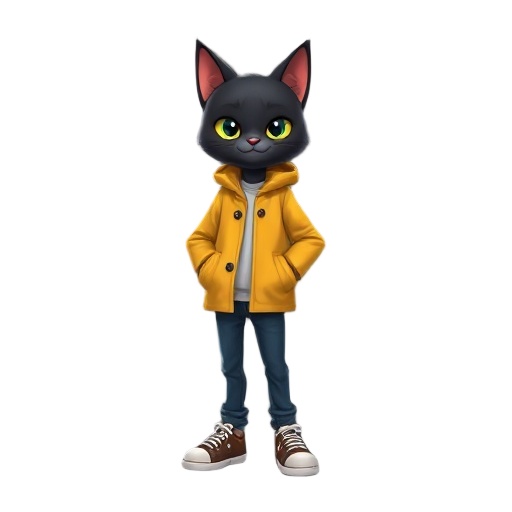 create a character who looks like this  he has a black cat head but he is anthropomorphic , wears a yellow coat and jeans , his hands are covered by coat pockets and his shoes looks like an all stars