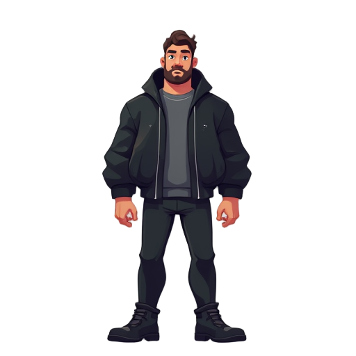 a  man with black jacket and pant