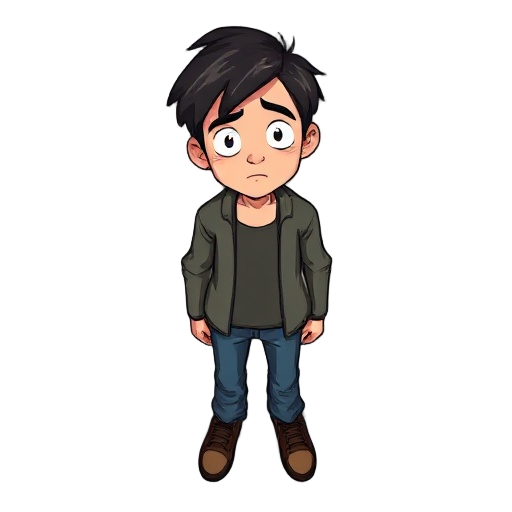 a human male, around 30 years old.   overall appearance: slim build, slightly tired posture, with a subtle sense of melancholy.    physical traits:   - dark, short, slightly messy hair with a few subtle signs of age (could be a faint widow’s peak or just 