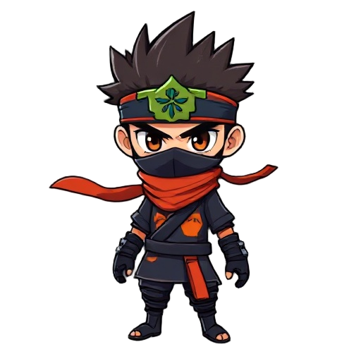 the ninja should have: - spiky hair with a headband featuring a stylized leaf symbol - a dark blue and orange outfit with a high collar - black fingerless gloves with metal plates - a red scarf flowin