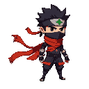 the ninja should have: - spiky hair with a headband featuring a stylized leaf symbol - a dark blue and orange outfit with a high collar - black fingerless gloves with metal plates - a red scarf flowin