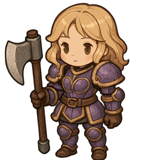 tree of savior art style carácter, blonde girl with purple amor carrying a big axe