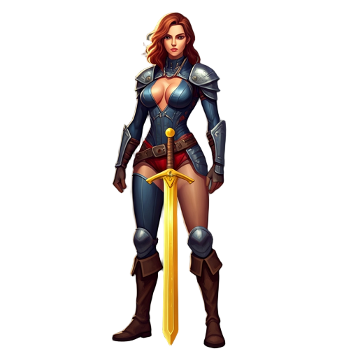 a strong female warrior standing confidently with a golden sword, wearing a tight dark blue battle suit with a deep neckline, red high-cut shorts with a front cloth, tall brown boots and