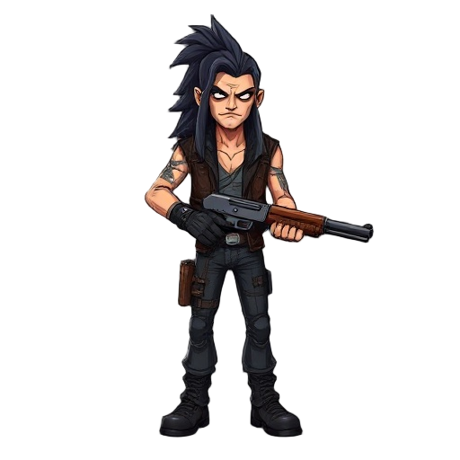 character inspired from the main character of the flashback and another world game , the character is a metalhead, has long air, wearing leather and holding a shotgun