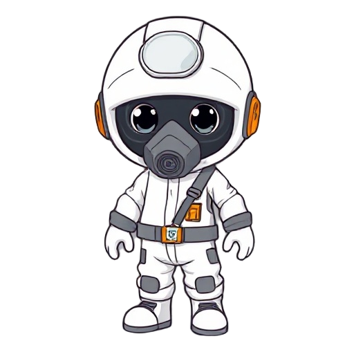 a cute cartoon-style character wearing a white hazmat suit with gray accents and orange details. the character has a large round helmet with big black eyes and a gas mask covering its mouth. the suit includes gloves, boots, and a utility strap. the art st