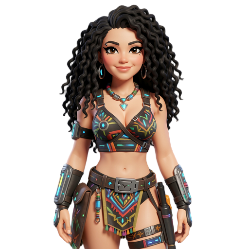 brazilian indigenous travesti woman, 25 years old, light skin tone, confident and warm expression, atletic body type, small breasts, long curly hair (armado, deep black)( , black cat-eye eyeliner, eyebrow piercing, solarpunk clothes