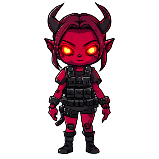 a demon girl with crimson skin and glowing eyes, wearing a  bulletproof vest. 
