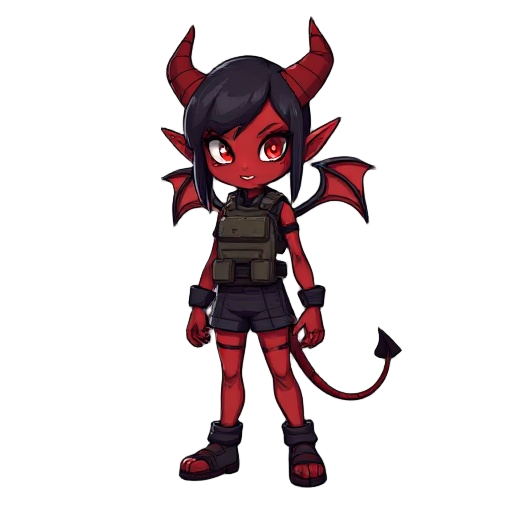 a demon girl with crimson skin and glowing eyes, wearing a  bulletproof vest