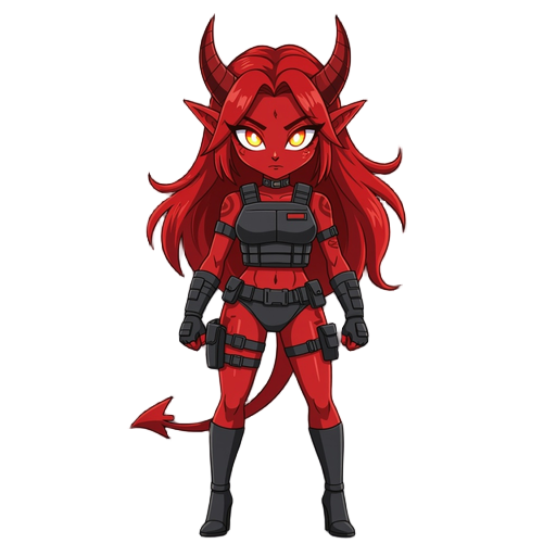 a demon girl with crimson skin and glowing eyes, wearing a  bulletproof vest, paired high heels