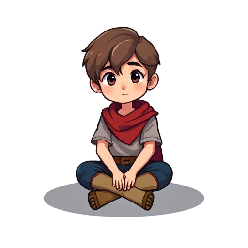 boy in pixels with longer hair and red raif sitting