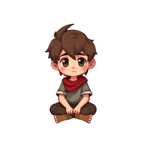boy in pixels with longer hair and red raif sitting