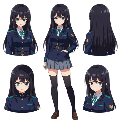 anime girl with long straight black hair, fair skin, and navy-blue school uniform with gray skirt and teal accents. military-style jacket with belt, cold and calm confident pose, knee-high socks, brown loafers, full-body, clean white background, detailed 