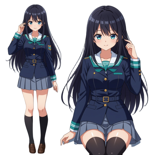 anime girl with long straight black hair, fair skin, and navy-blue school uniform with gray skirt and teal accents. military-style jacket with belt, calm confident pose, touching her hair, knee-high socks, brown loafers, full-body, clean white background,