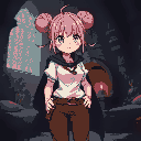 anime female with outfit(white shirt, full brown pants, black cape adventurer with pink hair like buns, teary eyes scared. in background chest with teeth, knights, beds follow in dark castle interior
