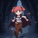 running anime female with noob outfit(white shirt, full brown pants, black cape adventurer with pink hair like buns, teary eyes scared and followed by castle object in a dark castle interior parallax.