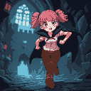 running anime female with noob outfit(white shirt, full brown pants, black cape adventurer with pink hair like buns, teary eyes scared and followed by scary objects in a dark castle interior parallax.