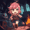 anime female noob adventurer with pink hair and teary eyes scared and running away from objects that turned monster. the background contains dark castle interior with parallax and castle items