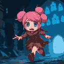 anime female full cloth traveller adventurer with pink hair like buns, teary eyes scared and running away from objects. the background contains dark castle interior with blue lighting parallax.