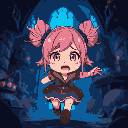 anime female noob adventurer with pink hair like buns, teary eyes scared and running away from objects. the background contains dark castle interior with blue lighting parallax and castle items