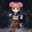 running anime female with white shirt, full brown pants, black cape adventurer with pink hair like buns, teary eyes and scared face. background chest with teeth, knights follow in dark castle interior