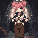anime female with outfit(white shirt, full brown pants, black cape adventurer with pink hair like buns, teary eyes and cared. in background chest with teeth, knights follow in dark castle interior