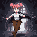 running anime female with white shirt, full brown pants, black cape adventurer with pink hair like buns, teary eyes and cared. in background chest with teeth, knights follow in dark castle interior
