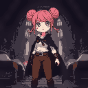 anime female with outfit(white shirt, full brown pants, black cape adventurer with pink hair like buns, teary eyes scared. in background chest with teeth, knights, beds follow in dark castle interior