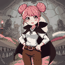 anime female with noob outfit(white shirt, full brown pants, black cape adventurer with pink hair like buns, teary eyes scared. in background chesta with teeth, knights, beds with teeth follwing
