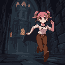 running anime female with noob outfit(white shirt, full brown pants, black cape adventurer with pink hair like buns, teary eyes scared and followed by castle object in a dark castle interior parallax.