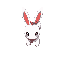cute bunny creature, similar to rookie digimons, white, long ears, red tie on top of head, cute face